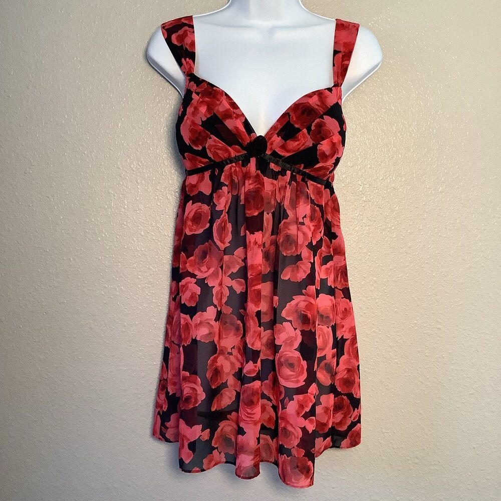 Vintage Y2K 2000s Dark Feminine Romantic Dainty Rose Print Sheer Slip Dress M